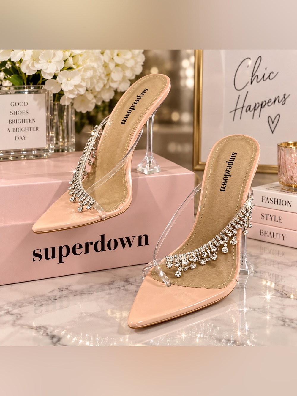 Superdown Nude Patent Clear Strap Heeled Sandals with Crystal Fringe